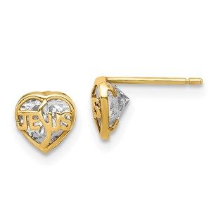 14k Yellow Gold Madi K Children's Jewelry CZ Jesus Heart Post Earrings